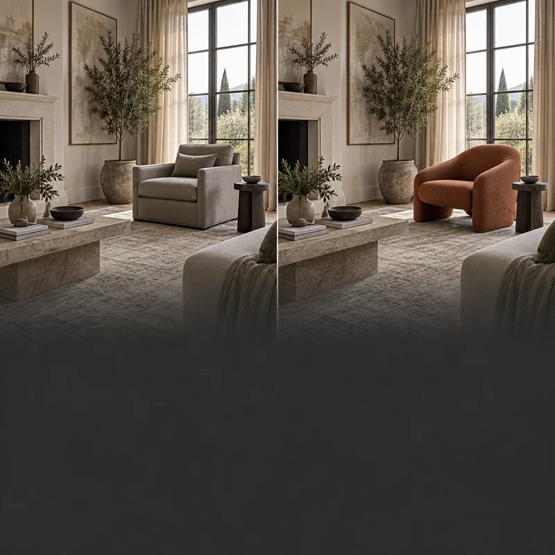 Two aligned living-room compositions with different armchairs.