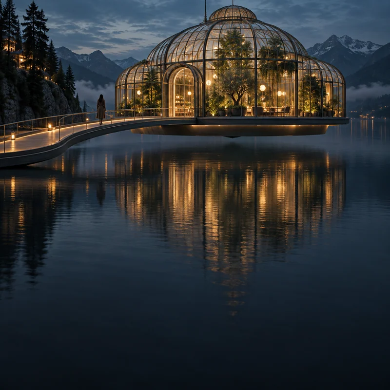 A glowing glass greenhouse above a lake at blue hour.