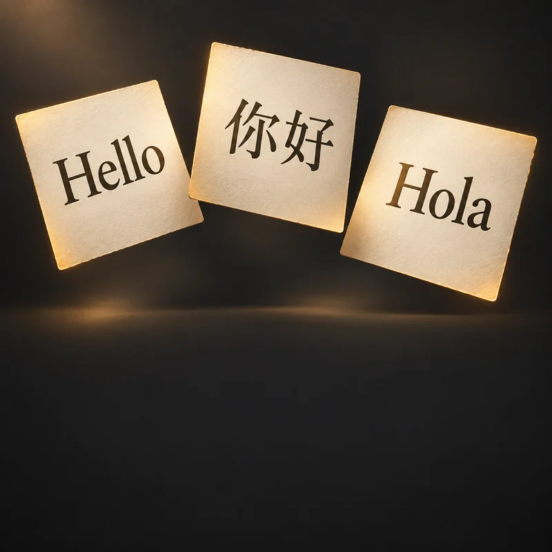 Three paper cards displaying Hello, 你好 and Hola.