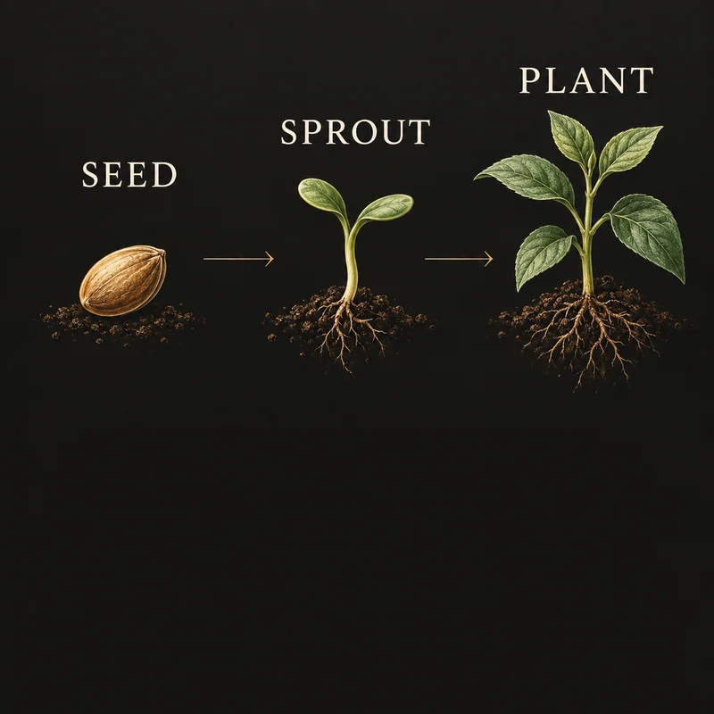 A botanical diagram showing seed, sprout and plant stages.