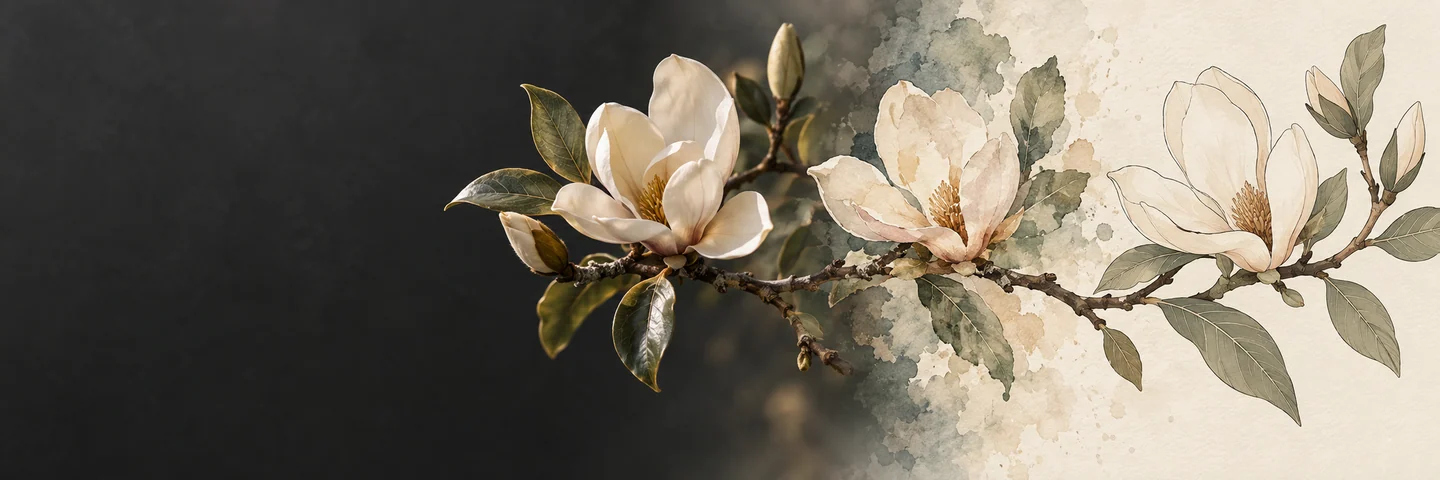 A cream magnolia branch transitioning between photography, watercolor and illustration.