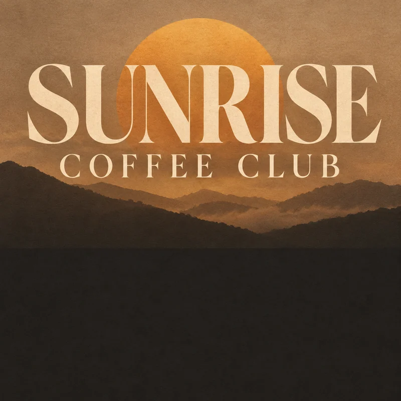 Cream SUNRISE and COFFEE CLUB lettering with an amber sun disc.