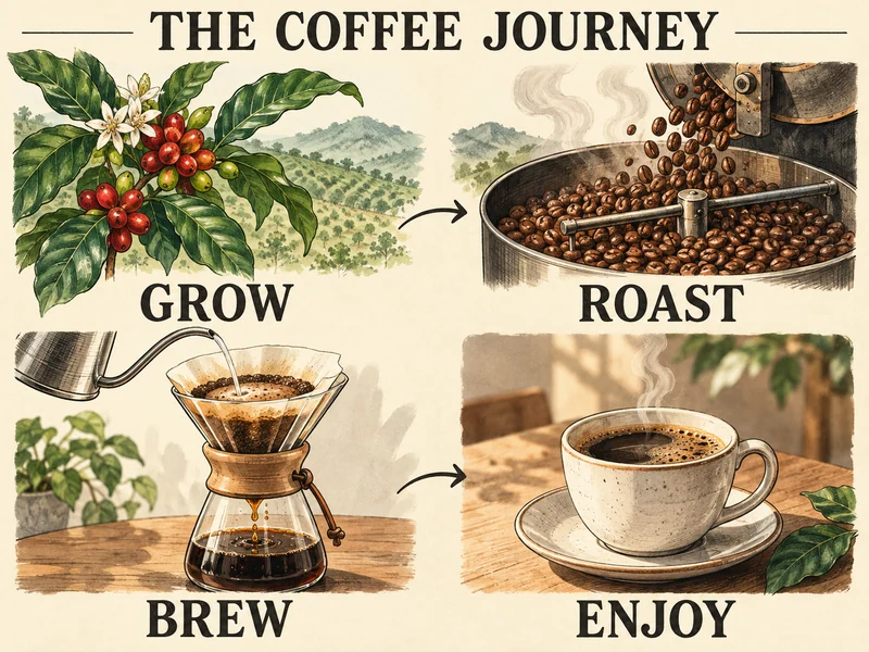 The Coffee Journey infographic with Grow, Roast, Brew and Enjoy stages.