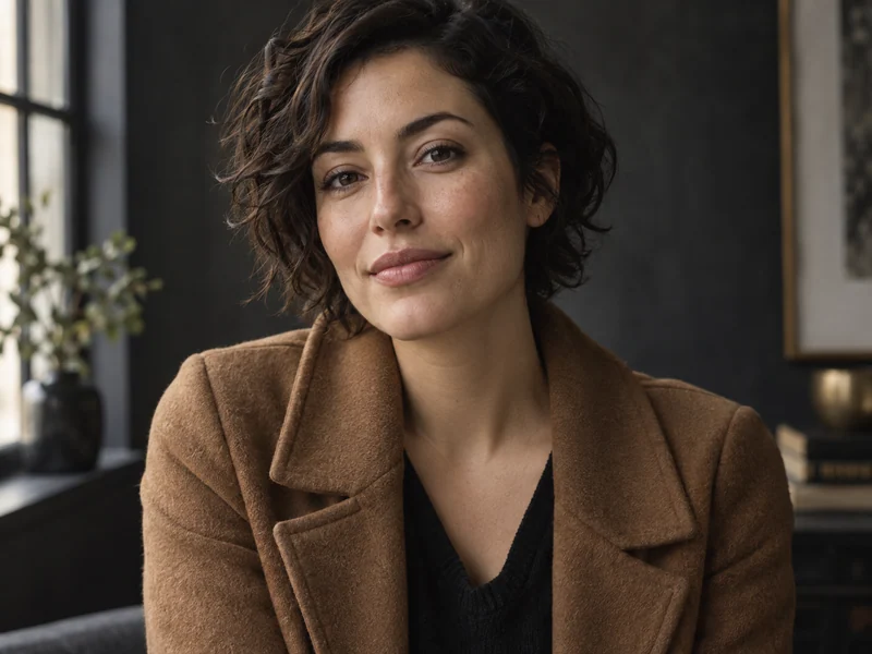An editorial portrait of an adult woman with short dark wavy hair and a neutral jacket.