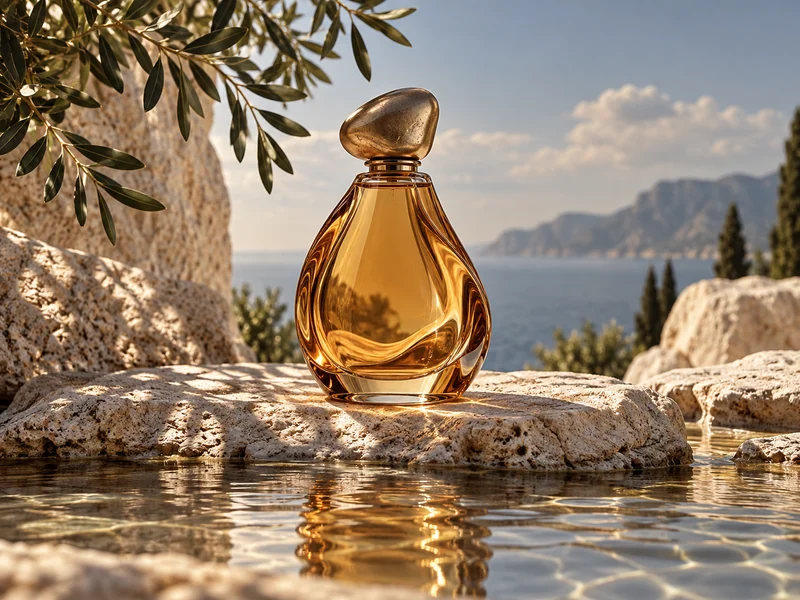 An amber perfume bottle on limestone above reflective water.