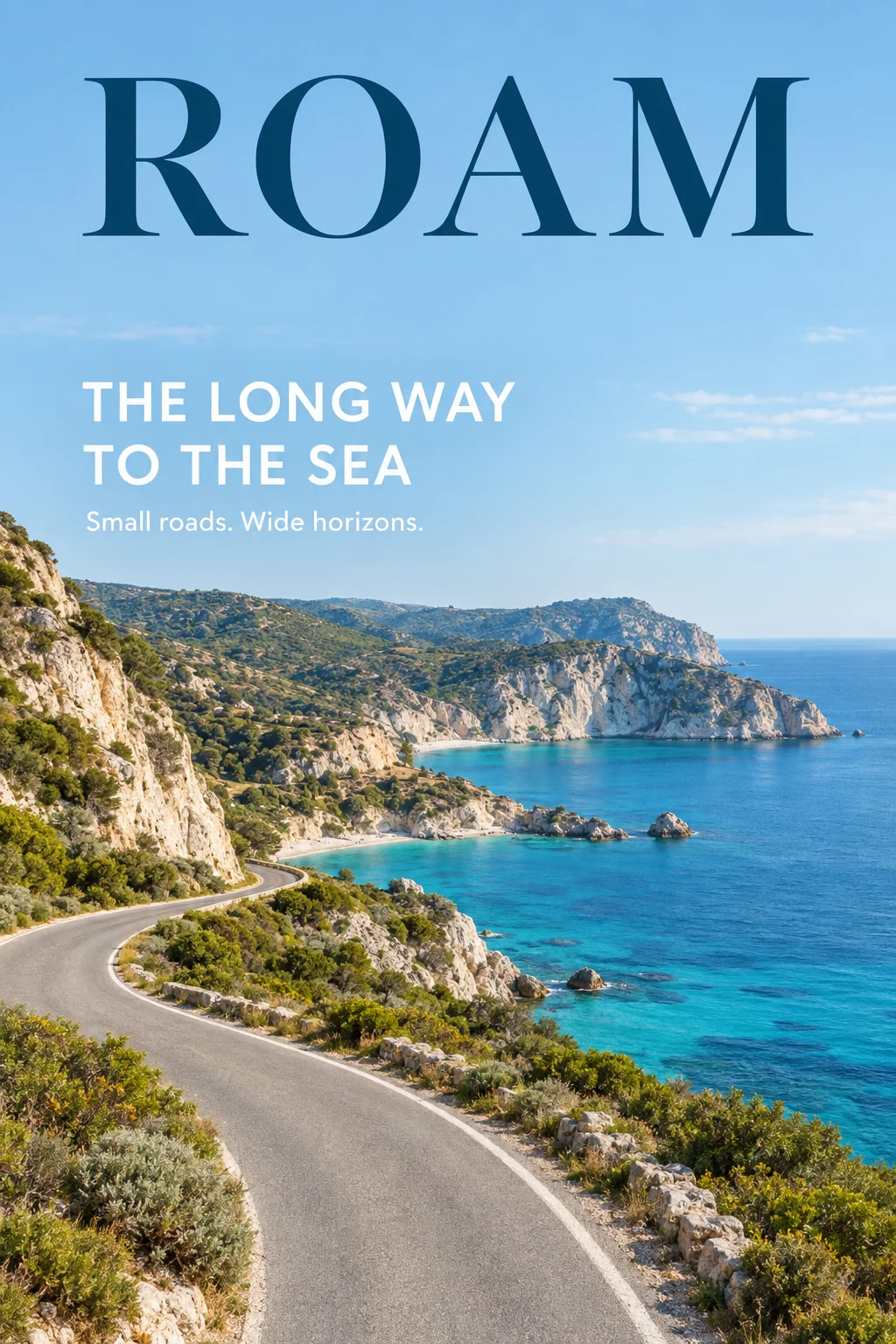 A ROAM magazine cover showing a winding coastal road above the sea.