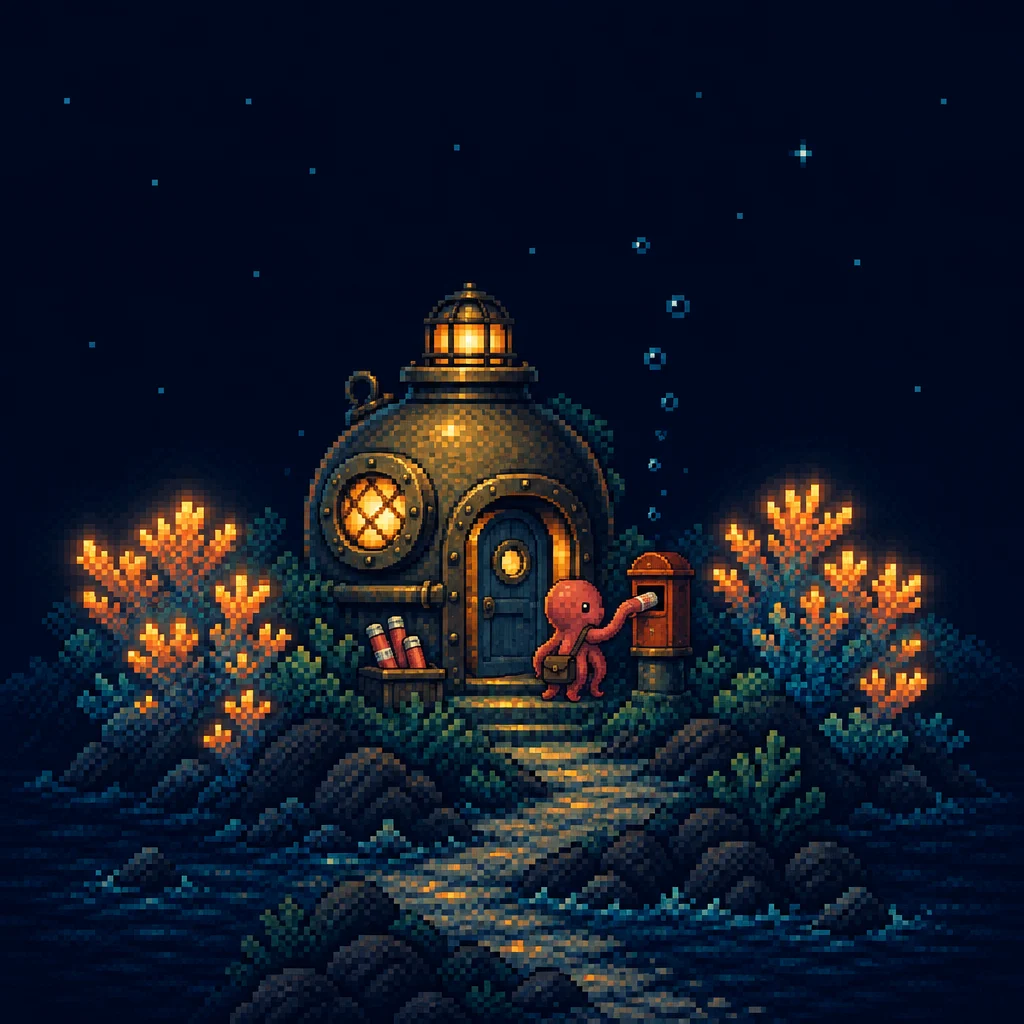 A pixel-art underwater post office surrounded by glowing coral.