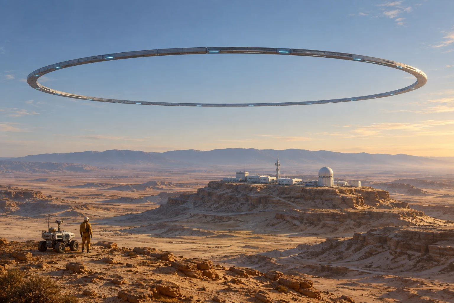 A large suspended ring above a desert observatory at sunset.