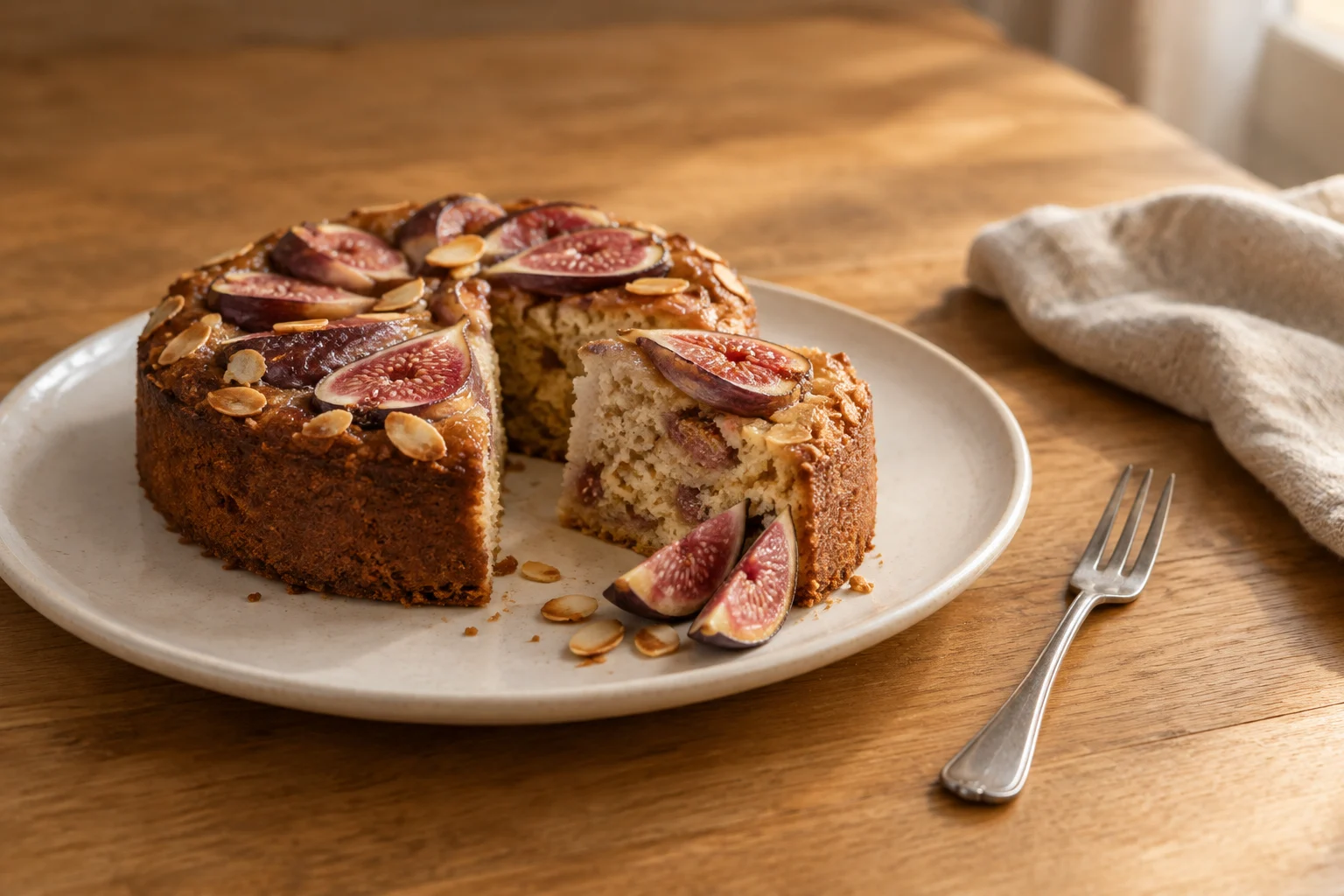 A sliced fig cake on a ceramic plate in warm afternoon window light.
