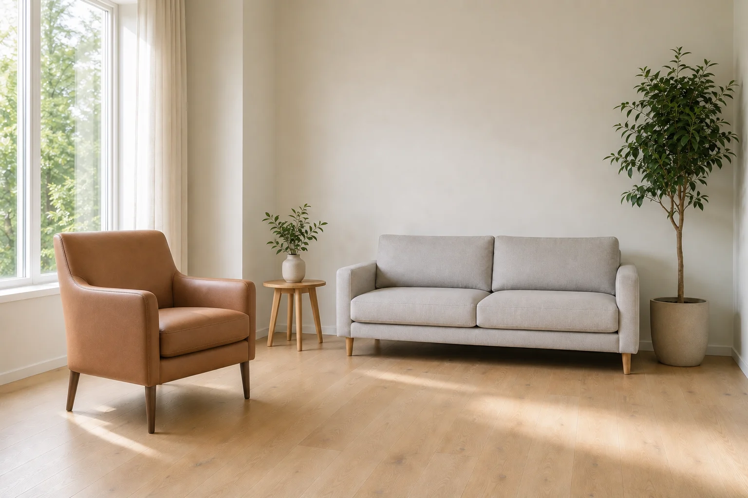 A tan leather lounge chair beside a window in a bright living room.