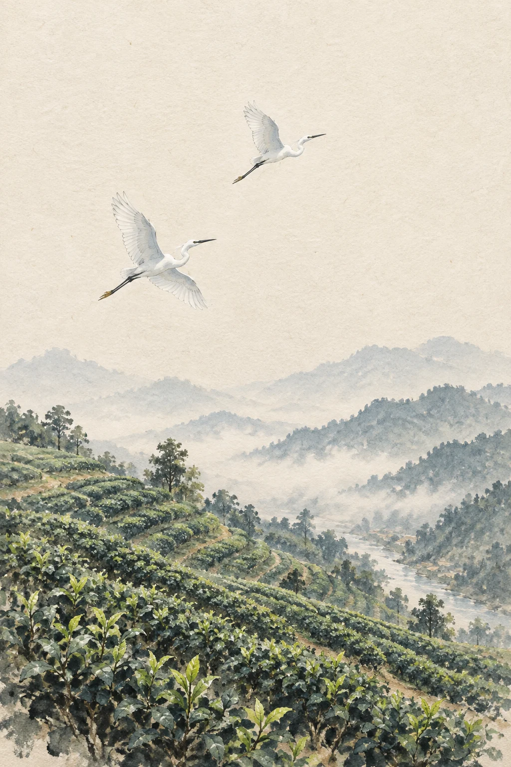 Two white egrets fly above a misty tea garden in an ink-and-color illustration.