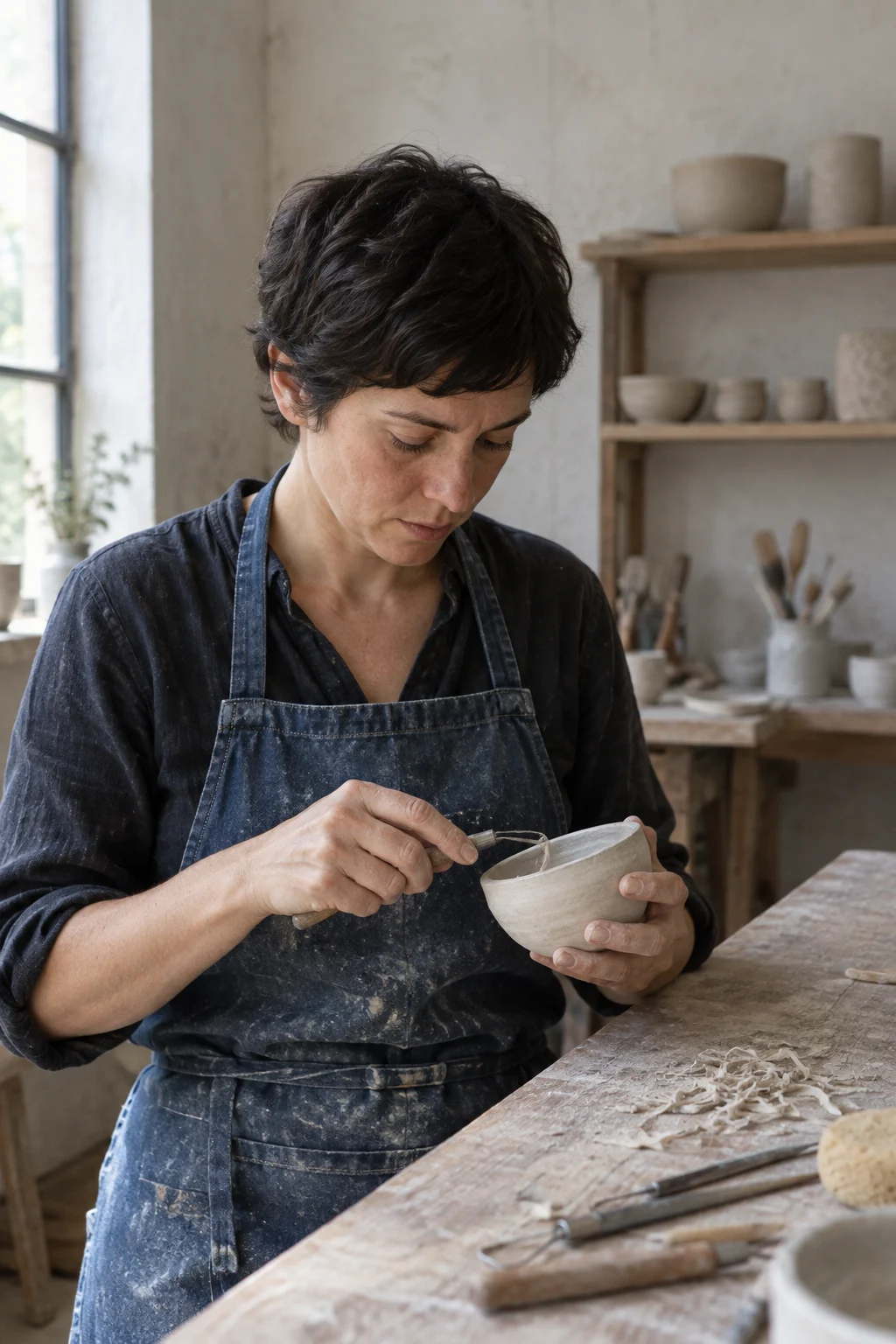 A ceramic artist shaping a bowl beside a studio window.
