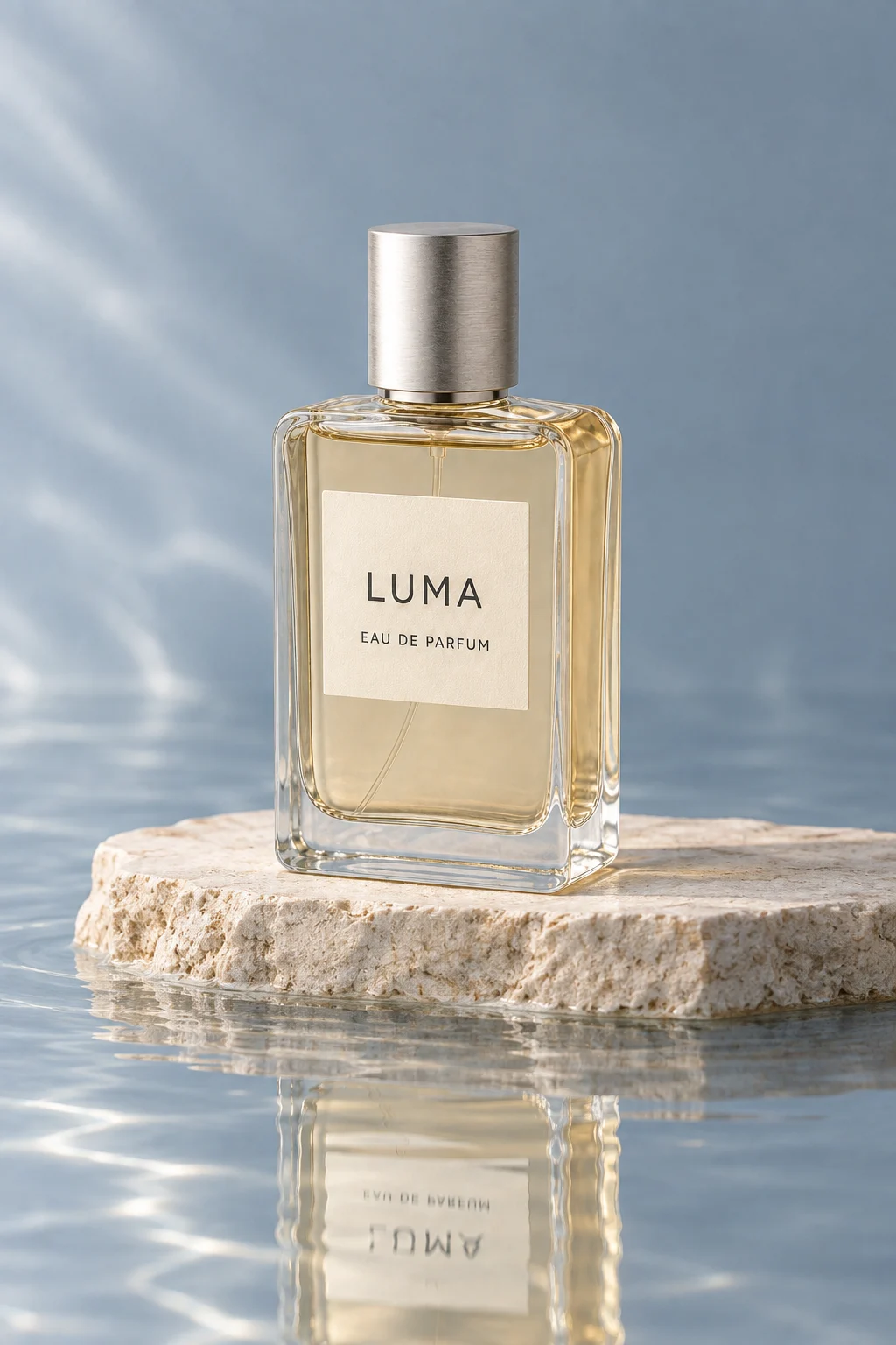 A LUMA perfume bottle stands on pale stone above still blue water.