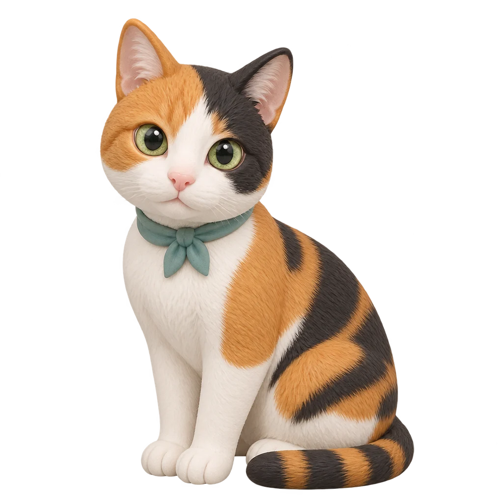 A calico cat vinyl figure with a teal neckerchief on a transparent background.