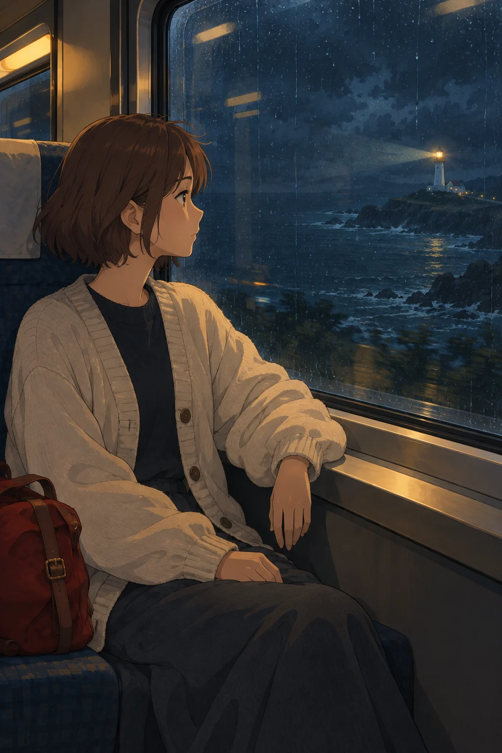 An anime traveler on a rain-streaked train looks toward a distant lighthouse.