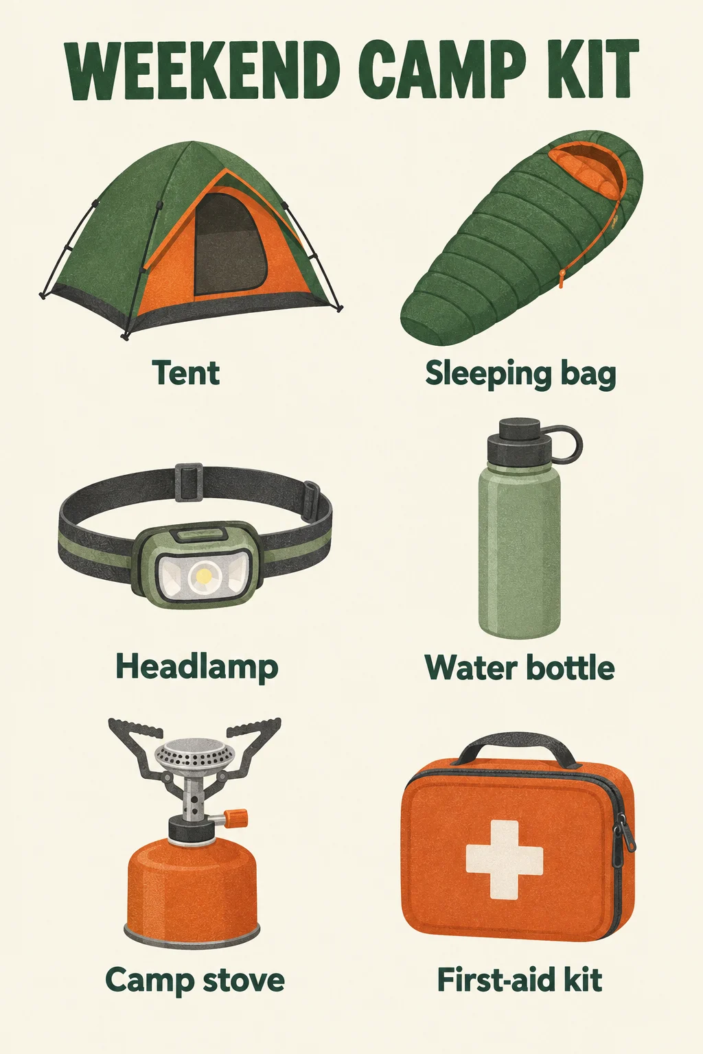 A Weekend Camp Kit illustrated checklist with six labeled camping essentials.