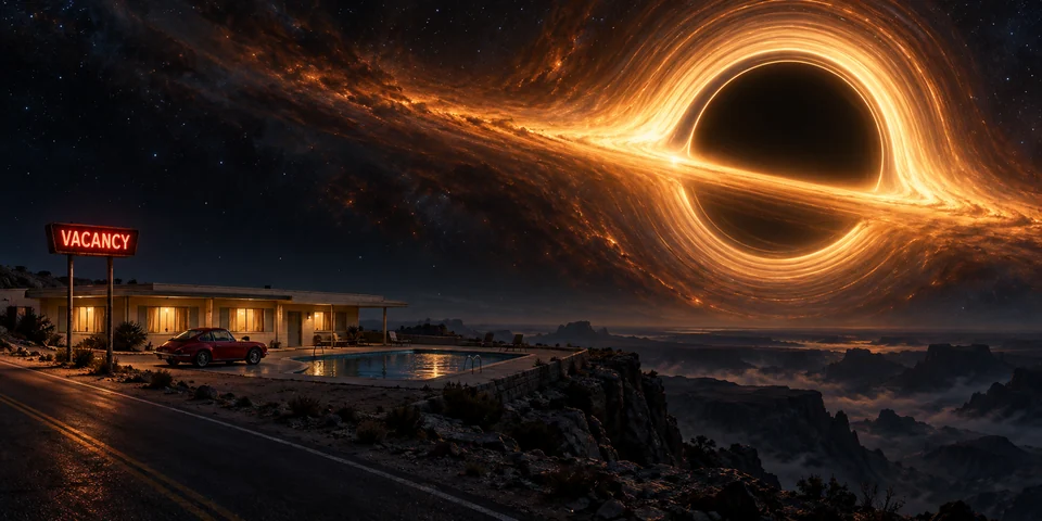 A retro motel with a glowing VACANCY sign, swimming pool and red car beneath a giant black hole.