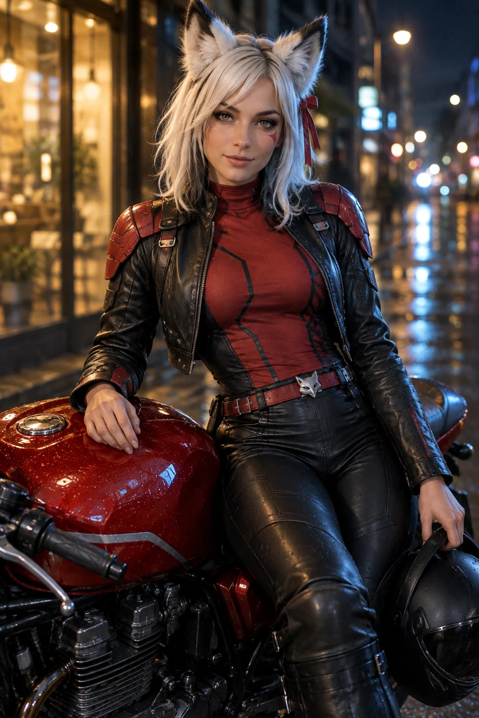 A silver-haired woman with fox ears in a black and red costume sits on a red motorcycle on a wet city street.
