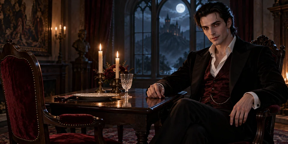 A dark-haired count sits at a candlelit table beside an empty velvet chair, with a moonlit castle beyond an arched window.