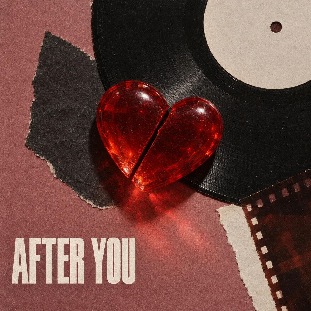 An AFTER YOU album cover featuring a red glass heart and a vinyl record.