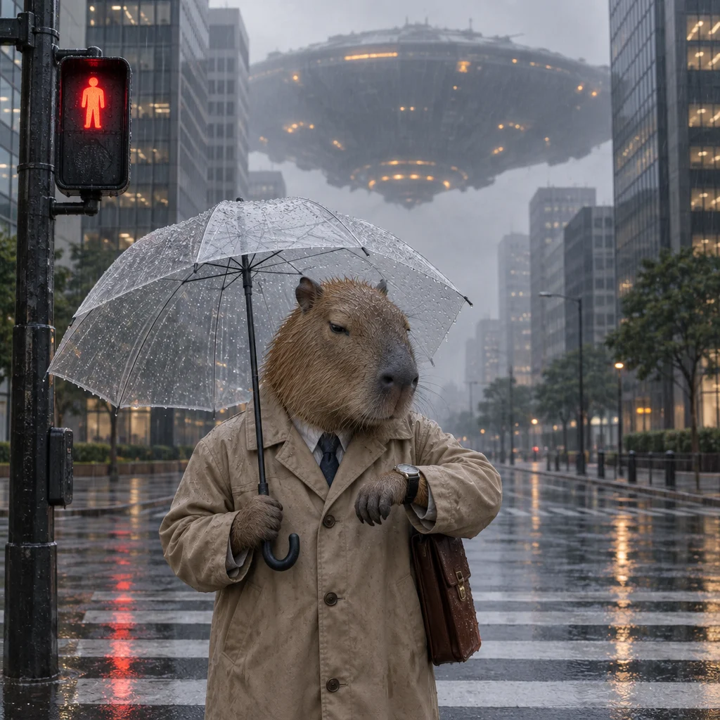 A capybara commuter checks its watch under an umbrella as a spacecraft looms over the city.