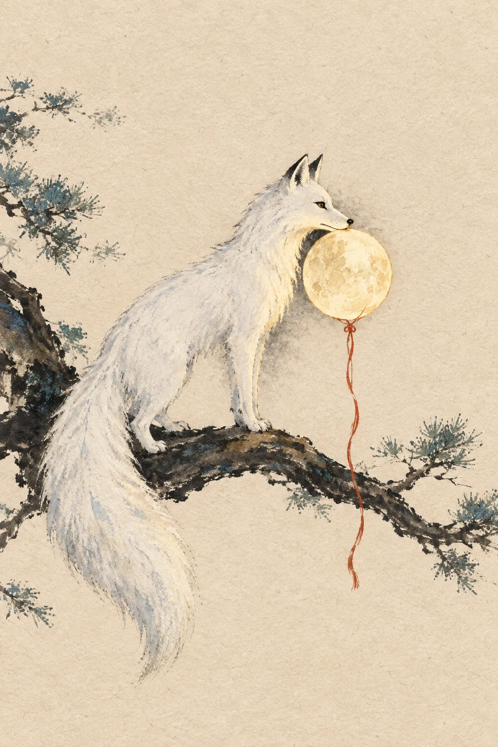 A white fox carries the moon through a flowing ink illustration.