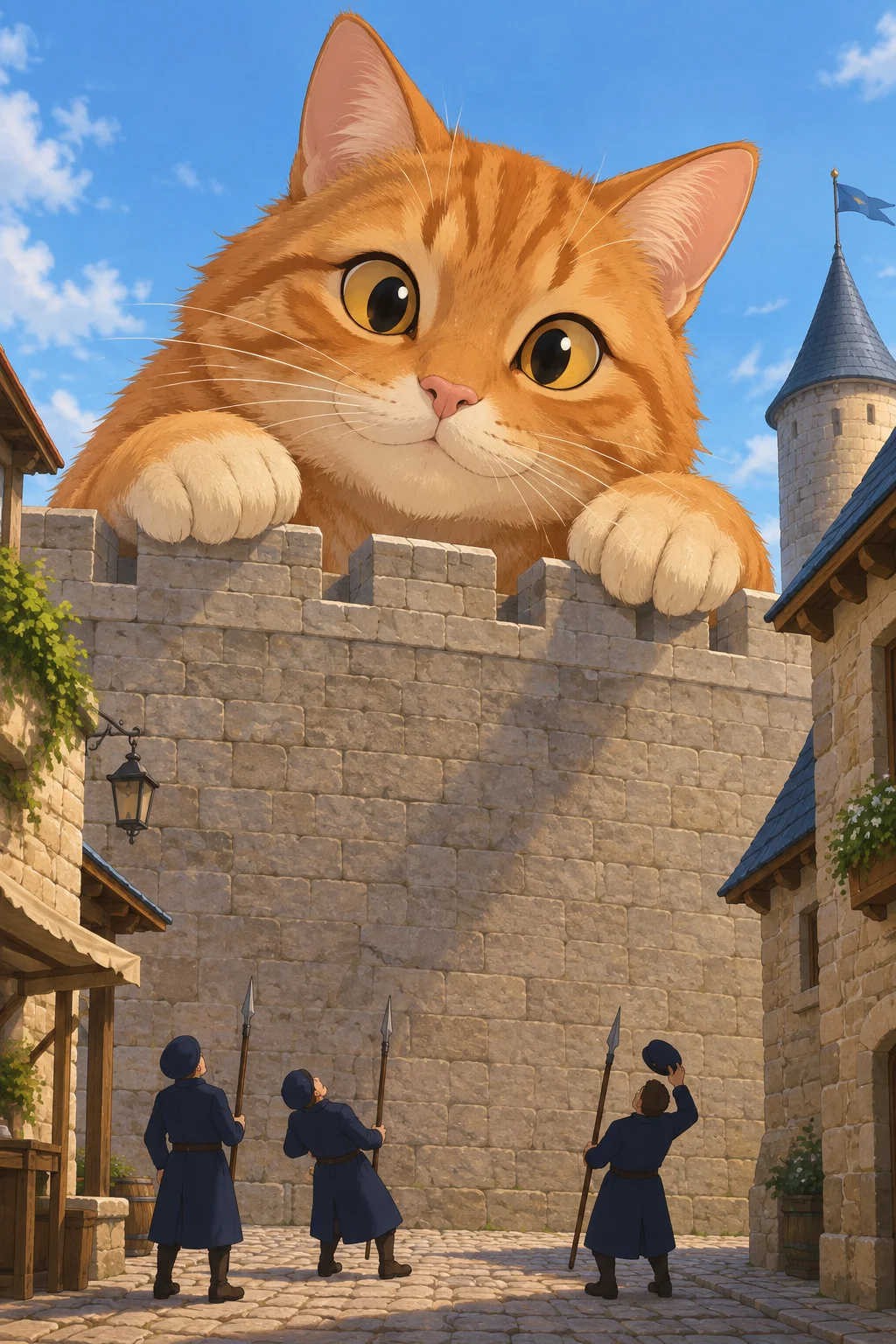 A giant orange cat peers over a fortified city wall.
