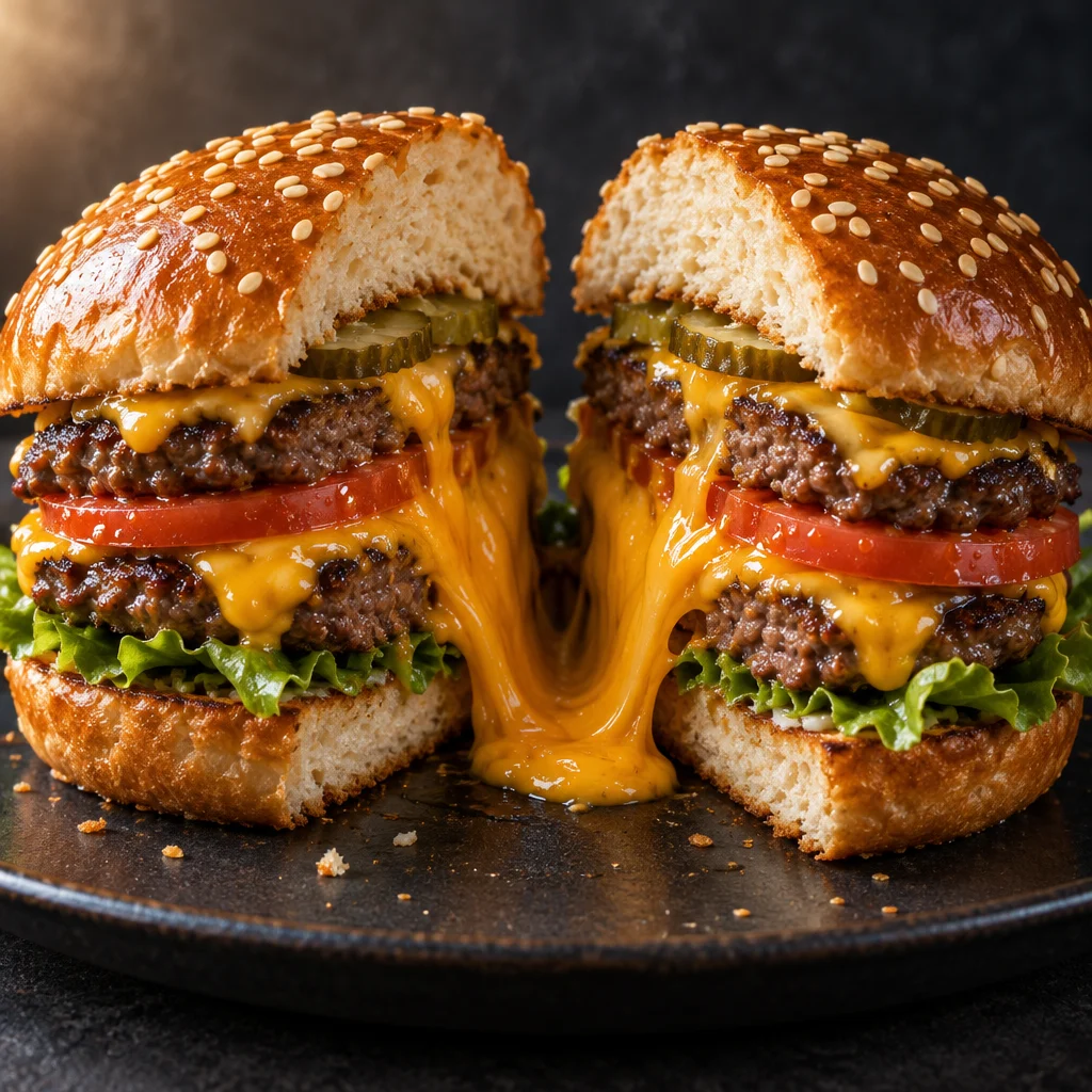 A close-up cheeseburger with molten cheese flowing over its layers.