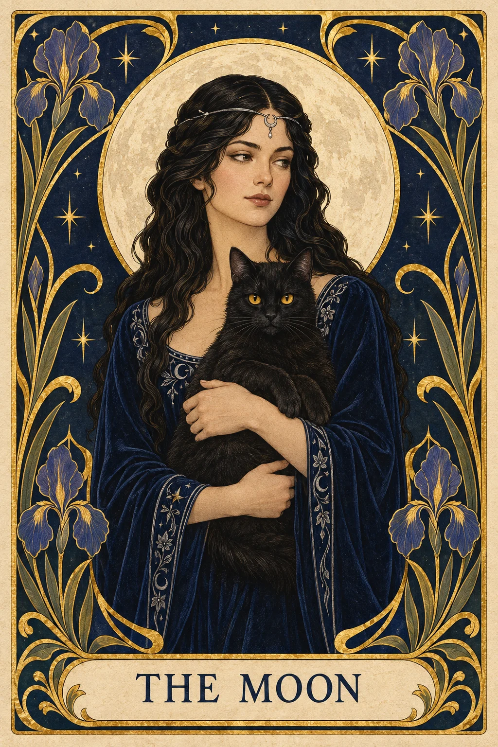 A moon witch holding a black cat in an ornate tarot-style illustration.