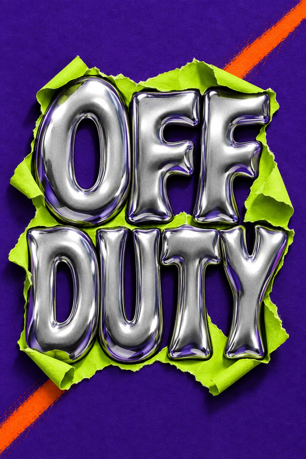 A purple and lime-green poster with metallic OFF DUTY lettering.