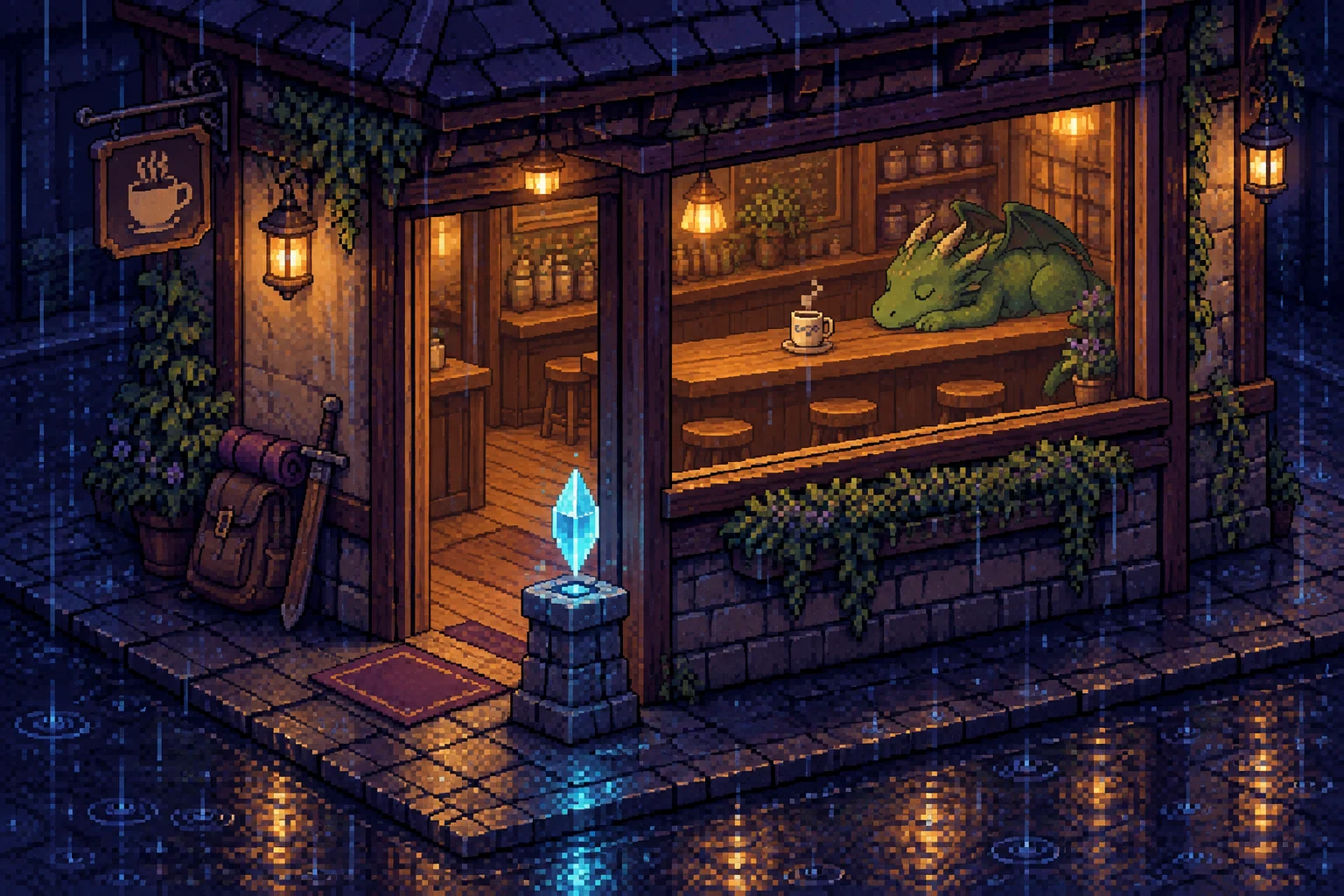 A warmly lit pixel-art cafe offers a quiet save point at night.