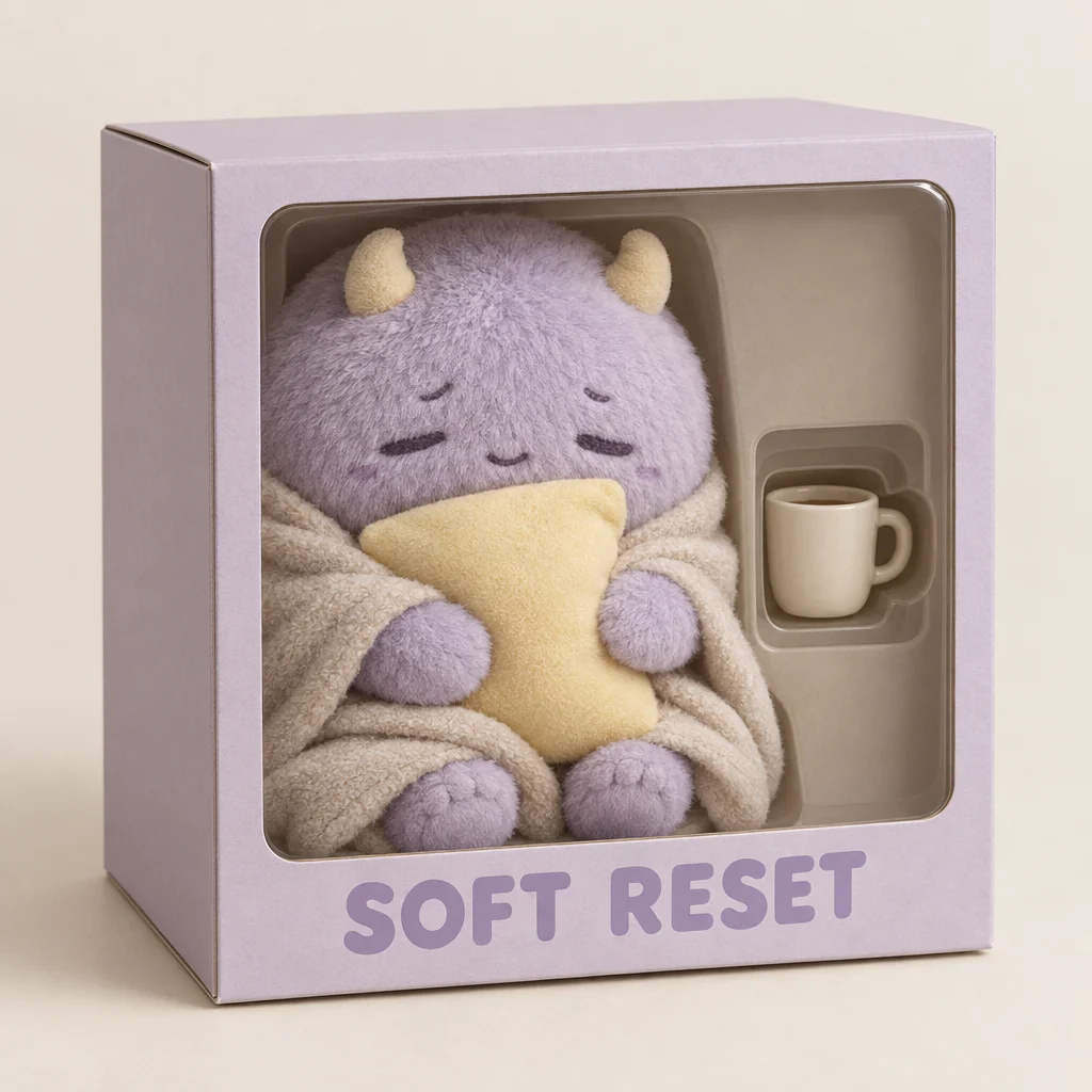 A Soft Reset collectible plush kit arranged inside its display packaging.