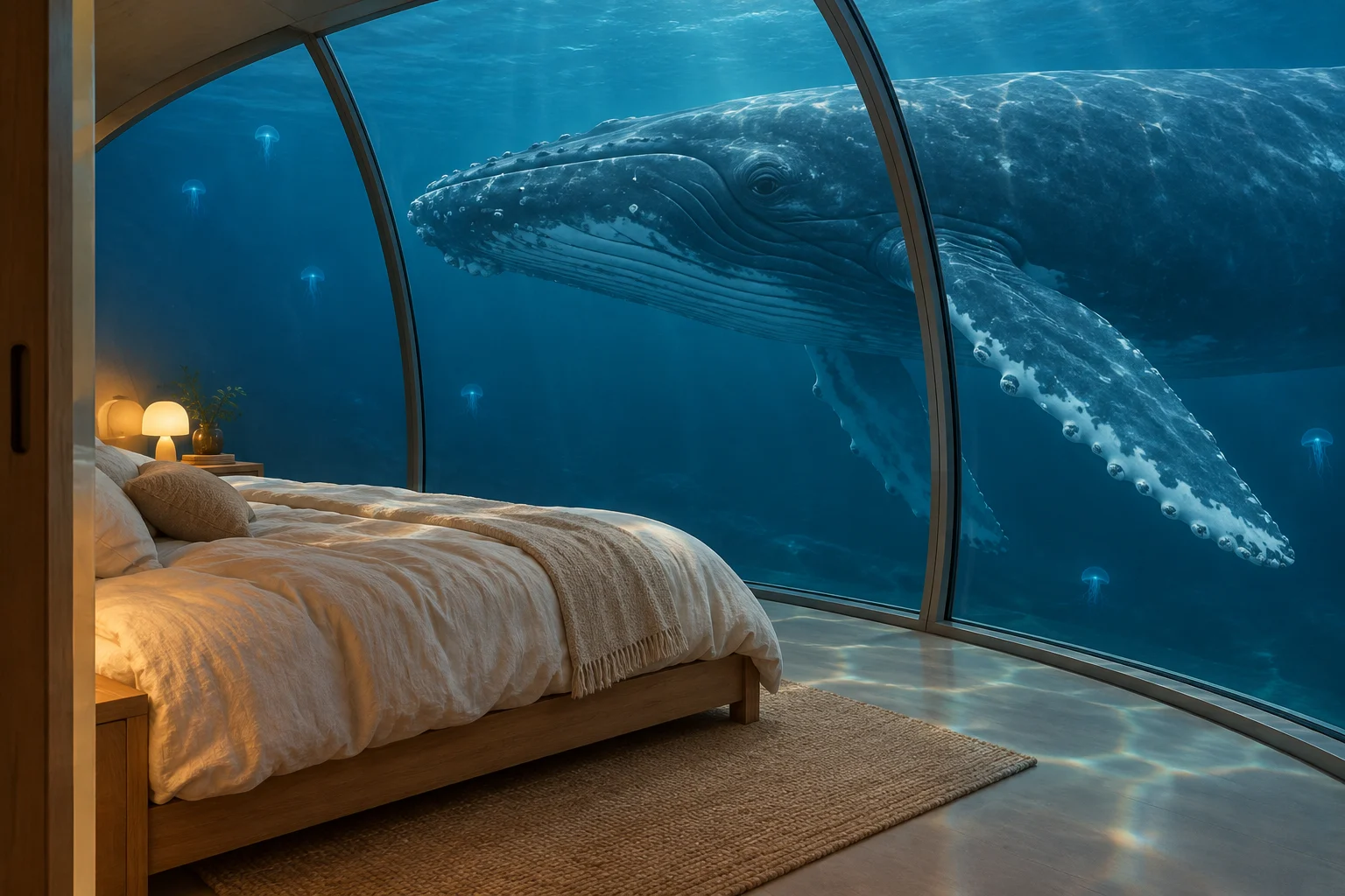 A peaceful bedroom looks out onto the water as a whale passes nearby.