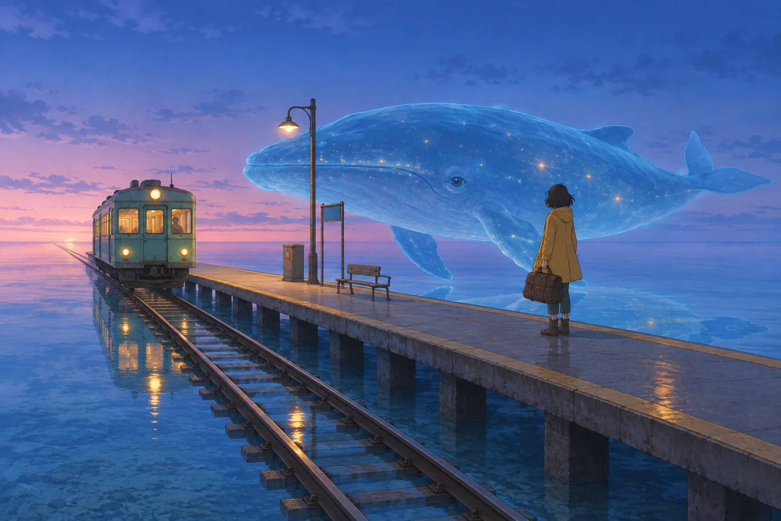 A whale waits beside a seaside railway platform in an anime scene.